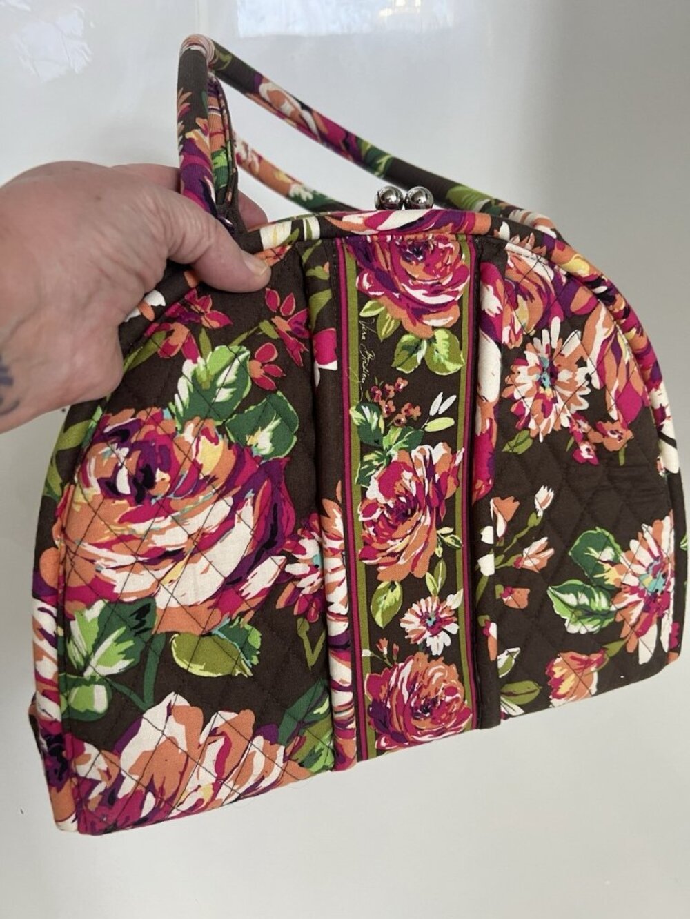 Vera Bradley Mocha Rouge Floral Quilted Kiss Lock Satchel Handbag Brown Pink NEW